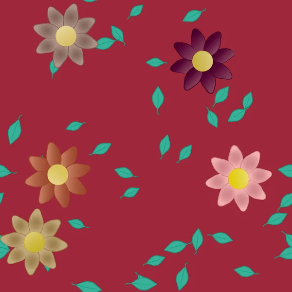 Modèle Vectoriel Avec Des Fleurs Colorées Simples Des Feuilles Vertes — Image vectorielle