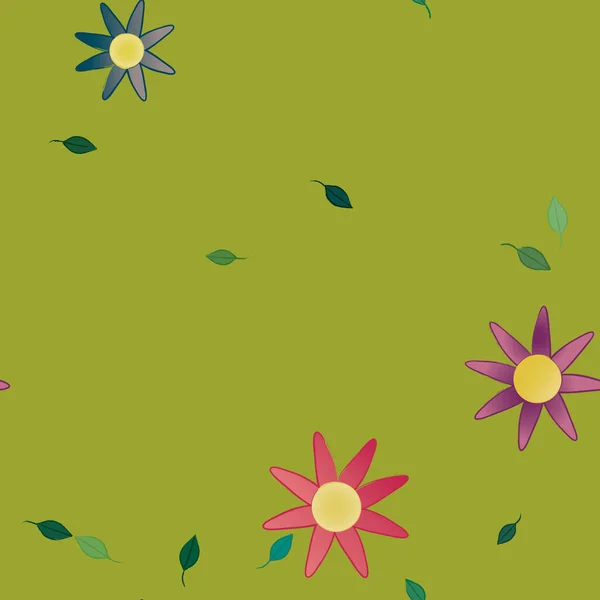 Composição Bonita Com Flores Coloridas Simples Folhas Verdes Fundo Ilustração — Vetor de Stock