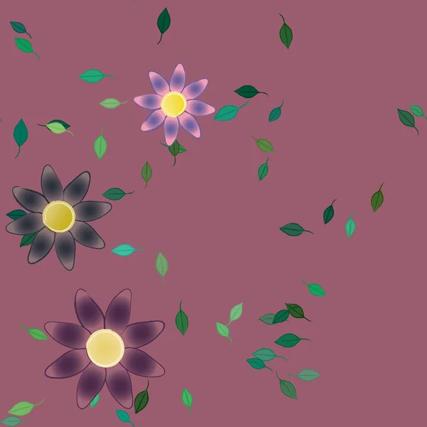 Mooie Compositie Met Eenvoudige Gekleurde Bloemen Groene Bladeren Achtergrond Vector — Stockvector