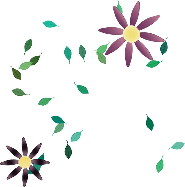 Hermosa Composición Con Flores Colores Simples Hojas Verdes Fondo Ilustración — Vector de stock