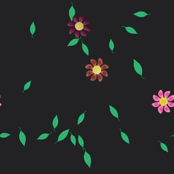 Modèle Vectoriel Avec Des Fleurs Colorées Simples Des Feuilles Vertes — Image vectorielle