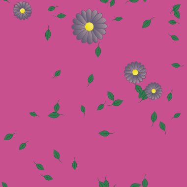 basit renkli çiçekleri olan serbest kompozisyon ve duvar kağıdı için yeşil yapraklar, vektör illüstrasyonu