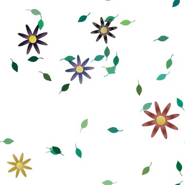 Basit renkli çiçekleri ve arka planda yeşil yaprakları olan güzel kompozisyon, vektör illüstrasyonu