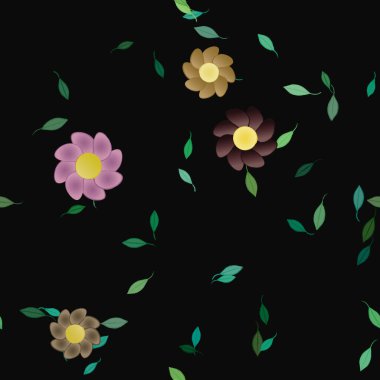 basit renkli çiçekleri olan serbest kompozisyon ve duvar kağıdı için yeşil yapraklar, vektör illüstrasyonu