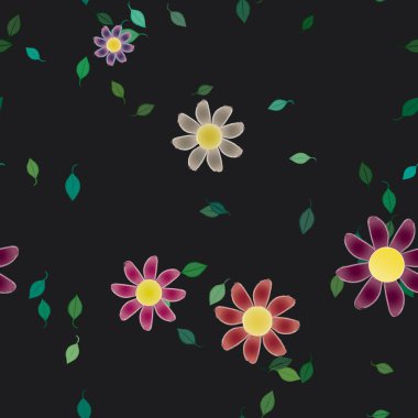 Serbest kompozisyonda yeşil yapraklı basit çiçekler, vektör illüstrasyonu