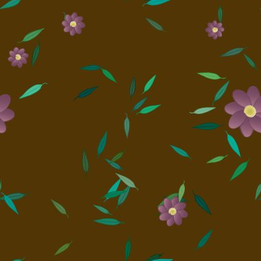 Serbest kompozisyonda yeşil yapraklı basit çiçekler, vektör illüstrasyonu