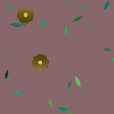 basit renkli çiçekleri olan serbest kompozisyon ve duvar kağıdı için yeşil yapraklar, vektör illüstrasyonu