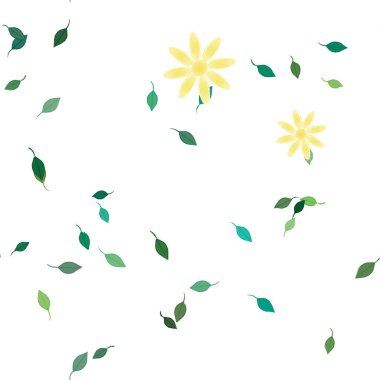 basit renkli çiçekleri olan serbest kompozisyon ve duvar kağıdı için yeşil yapraklar, vektör illüstrasyonu