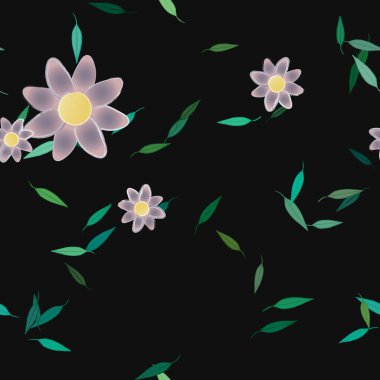 basit renkli çiçekleri olan serbest kompozisyon ve duvar kağıdı için yeşil yapraklar, vektör illüstrasyonu