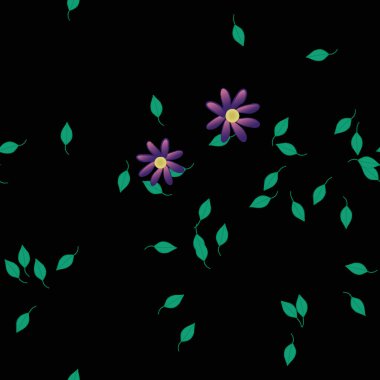 Basit renkli çiçekleri ve arka planda yeşil yaprakları olan güzel kompozisyon, vektör illüstrasyonu