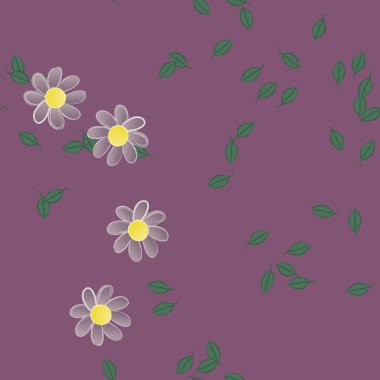 Basit renkli çiçekleri ve arka planda yeşil yaprakları olan güzel kompozisyon, vektör illüstrasyonu