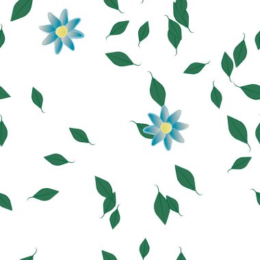 Basit renkli çiçekleri ve arka planda yeşil yaprakları olan güzel kompozisyon, vektör illüstrasyonu