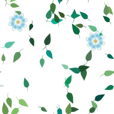 Serbest kompozisyonda yeşil yapraklı basit çiçekler, vektör illüstrasyonu