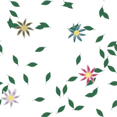 Serbest kompozisyonda yeşil yapraklı basit çiçekler, vektör illüstrasyonu