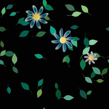 Serbest kompozisyonda yeşil yapraklı basit çiçekler, vektör illüstrasyonu