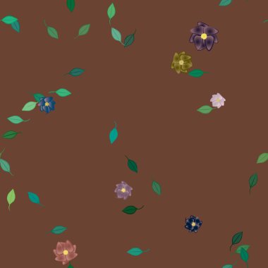 basit renkli çiçekleri olan serbest kompozisyon ve duvar kağıdı için yeşil yapraklar, vektör illüstrasyonu