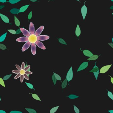 Basit renkli çiçekleri ve arka planda yeşil yaprakları olan güzel kompozisyon, vektör illüstrasyonu