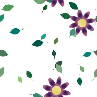 Basit renkli çiçekleri ve arka planda yeşil yaprakları olan güzel kompozisyon, vektör illüstrasyonu