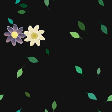 basit renkli çiçekleri olan serbest kompozisyon ve duvar kağıdı için yeşil yapraklar, vektör illüstrasyonu