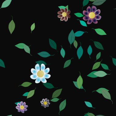 Basit renkli çiçekleri ve arka planda yeşil yaprakları olan güzel kompozisyon, vektör illüstrasyonu