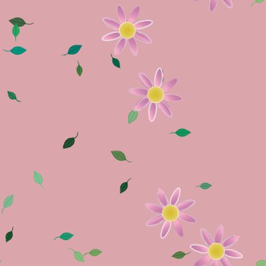 basit renkli çiçekleri olan serbest kompozisyon ve duvar kağıdı için yeşil yapraklar, vektör illüstrasyonu