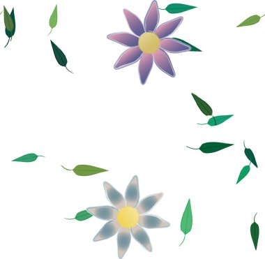 basit renkli çiçekleri olan serbest kompozisyon ve duvar kağıdı için yeşil yapraklar, vektör illüstrasyonu