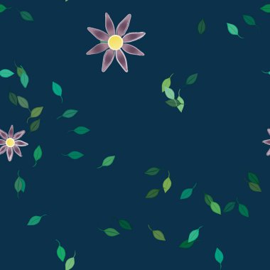 Basit renkli çiçekleri ve arka planda yeşil yaprakları olan güzel kompozisyon, vektör illüstrasyonu