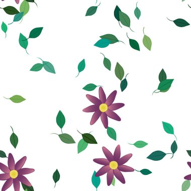 basit renkli çiçekleri olan serbest kompozisyon ve duvar kağıdı için yeşil yapraklar, vektör illüstrasyonu