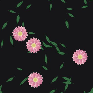 Basit renkli çiçekleri ve arka planda yeşil yaprakları olan güzel kompozisyon, vektör illüstrasyonu