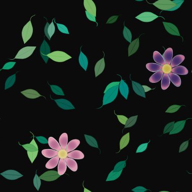 basit renkli çiçekleri olan serbest kompozisyon ve duvar kağıdı için yeşil yapraklar, vektör illüstrasyonu