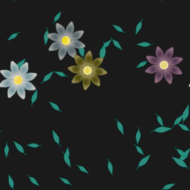 Serbest kompozisyonda yeşil yapraklı basit çiçekler, vektör illüstrasyonu