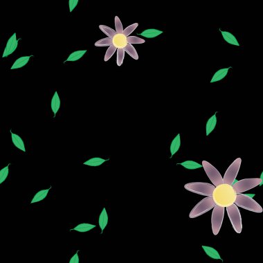 Basit renkli çiçekleri ve arka planda yeşil yaprakları olan güzel kompozisyon, vektör illüstrasyonu