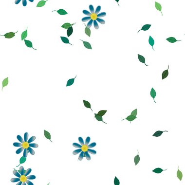 Basit renkli çiçekleri ve arka planda yeşil yaprakları olan güzel kompozisyon, vektör illüstrasyonu