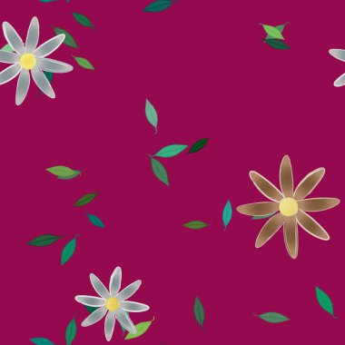 Basit renkli çiçekleri ve arka planda yeşil yaprakları olan güzel kompozisyon, vektör illüstrasyonu