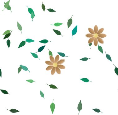 Basit renkli çiçekleri ve arka planda yeşil yaprakları olan güzel kompozisyon, vektör illüstrasyonu