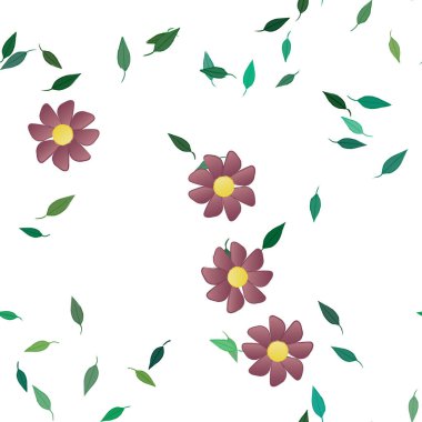 basit renkli çiçekleri olan serbest kompozisyon ve duvar kağıdı için yeşil yapraklar, vektör illüstrasyonu