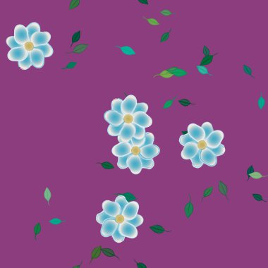 Basit renkli çiçekleri ve arka planda yeşil yaprakları olan güzel kompozisyon, vektör illüstrasyonu