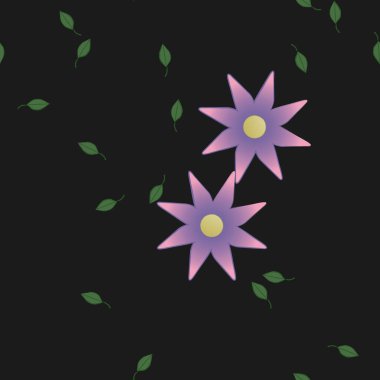 Basit renkli çiçekleri ve arka planda yeşil yaprakları olan güzel kompozisyon, vektör illüstrasyonu