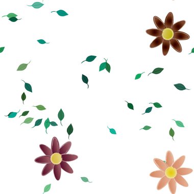 Basit renkli çiçekleri ve arka planda yeşil yaprakları olan güzel kompozisyon, vektör illüstrasyonu