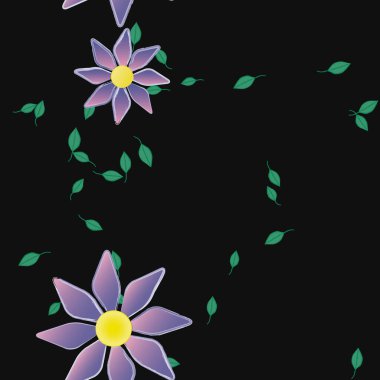 Basit renkli çiçekleri ve arka planda yeşil yaprakları olan güzel kompozisyon, vektör illüstrasyonu