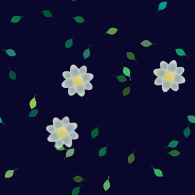 Basit renkli çiçekleri ve arka planda yeşil yaprakları olan güzel kompozisyon, vektör illüstrasyonu