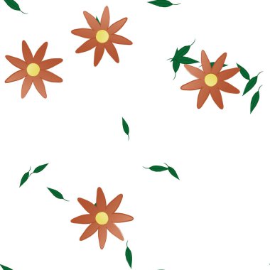 Basit renkli çiçekleri ve arka planda yeşil yaprakları olan güzel kompozisyon, vektör illüstrasyonu