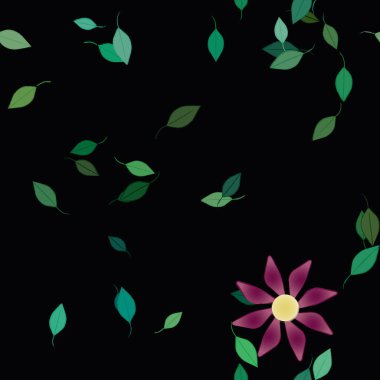 Basit renkli çiçekleri ve arka planda yeşil yaprakları olan güzel kompozisyon, vektör illüstrasyonu