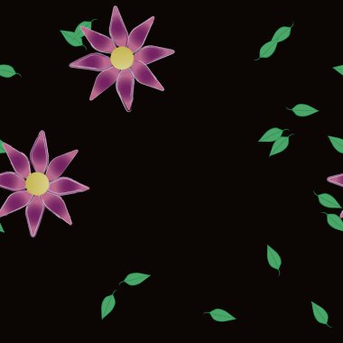 Serbest kompozisyonda yeşil yapraklı basit çiçekler, vektör illüstrasyonu