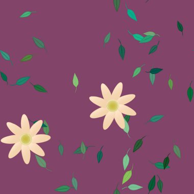 Serbest kompozisyonda yeşil yapraklı basit çiçekler, vektör illüstrasyonu