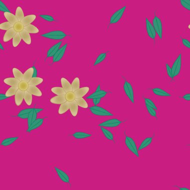 basit renkli çiçekleri olan serbest kompozisyon ve duvar kağıdı için yeşil yapraklar, vektör illüstrasyonu