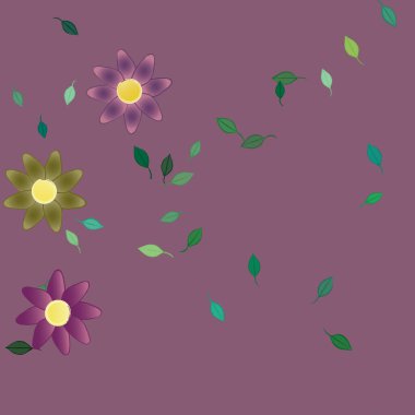 Basit renkli çiçekleri ve arka planda yeşil yaprakları olan güzel kompozisyon, vektör illüstrasyonu