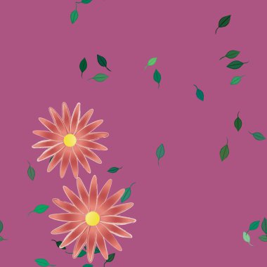 basit renkli çiçekleri olan serbest kompozisyon ve duvar kağıdı için yeşil yapraklar, vektör illüstrasyonu