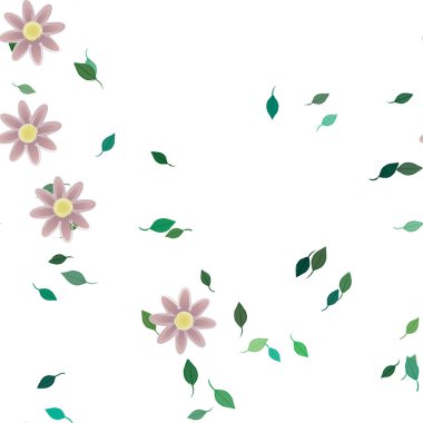 Serbest kompozisyonda yeşil yapraklı basit çiçekler, vektör illüstrasyonu