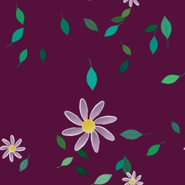 Serbest kompozisyonda yeşil yapraklı basit çiçekler, vektör illüstrasyonu